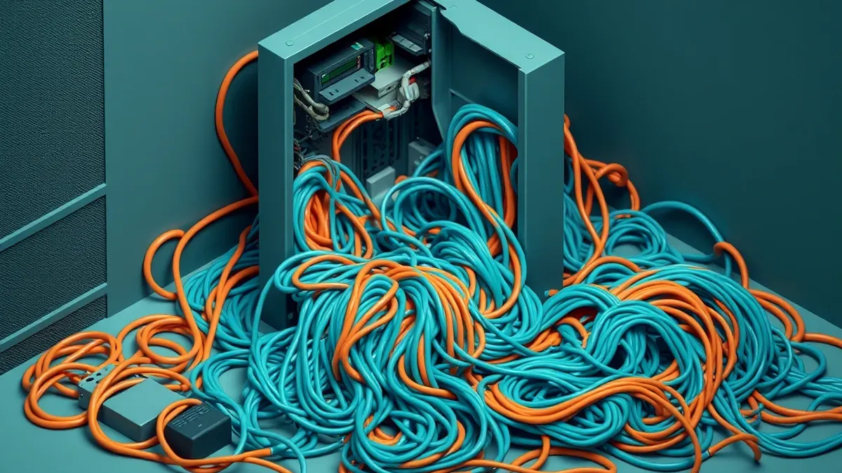 Illustration: A cracked server cabinet leaks swirling, tangled streams of compressed data coils.