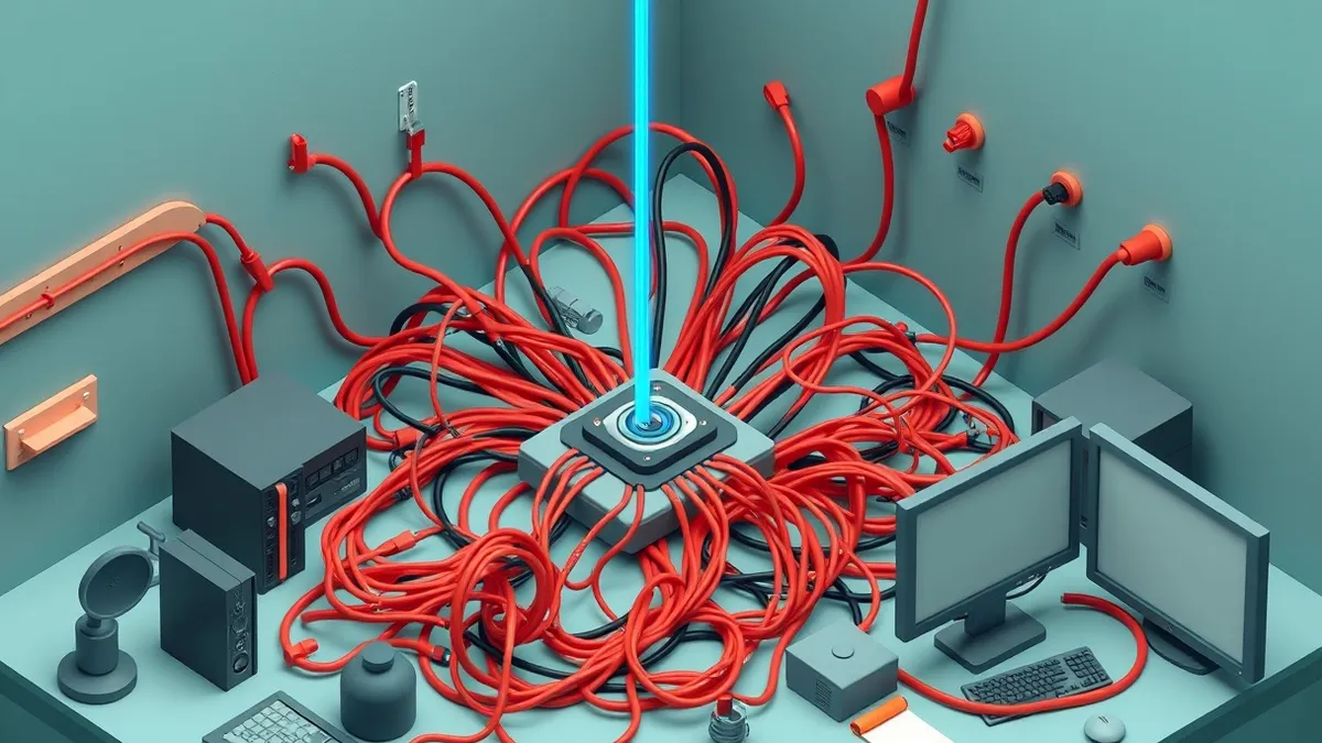 Illustration: A chaotic desk features a tangled web of red and black cables erupting from a single central hub.