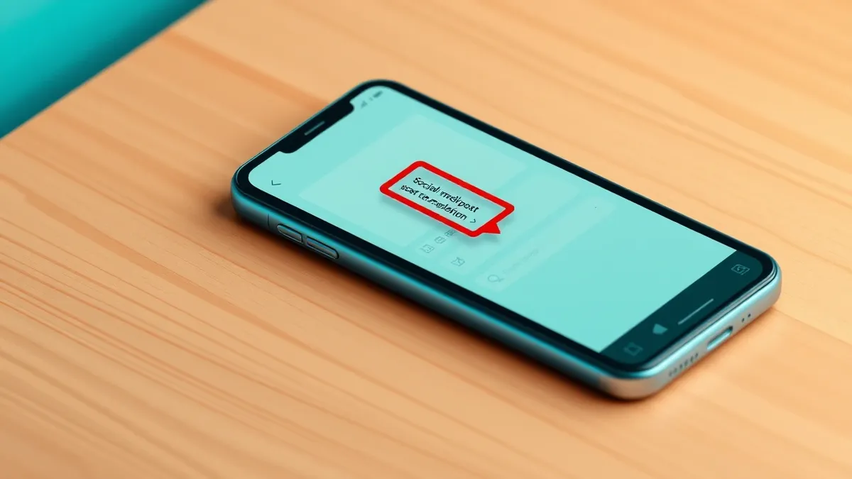 Illustration: A smartphone sits on a wooden table, its screen displaying blank social media post templates.