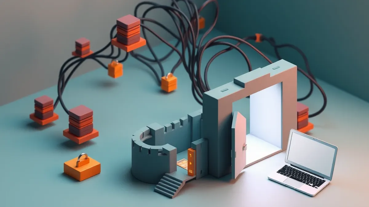 Illustration: A tangled web of dark, glowing threads connects small, metallic database icons floating in a void, leading upward to a large, open fortress gate that reveals a bright