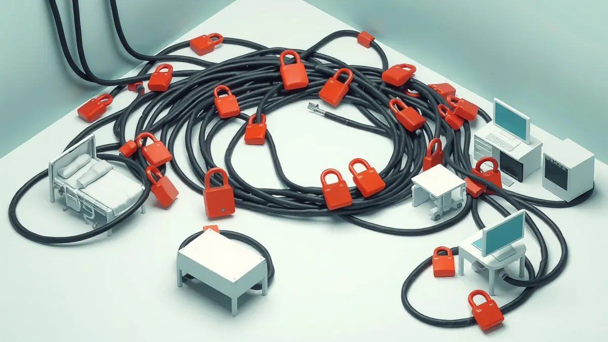 Illustration: A tangled mass of thick black cables snakes across a sterile white floor, binding together generic hospital beds, school desks, and office computers.