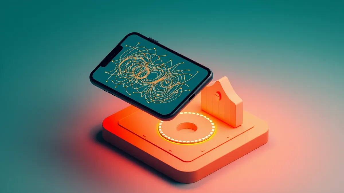 Illustration: A smartphone floats above a glowing digital shield, its screen displaying a tangled web of abstract motion lines that represent behavioral patterns.