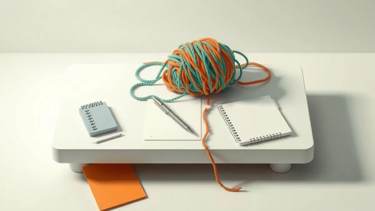 Illustration: A tangled ball of yarn sits heavily on a sleek white desk, pulling at a silver pen and a blank notepad.