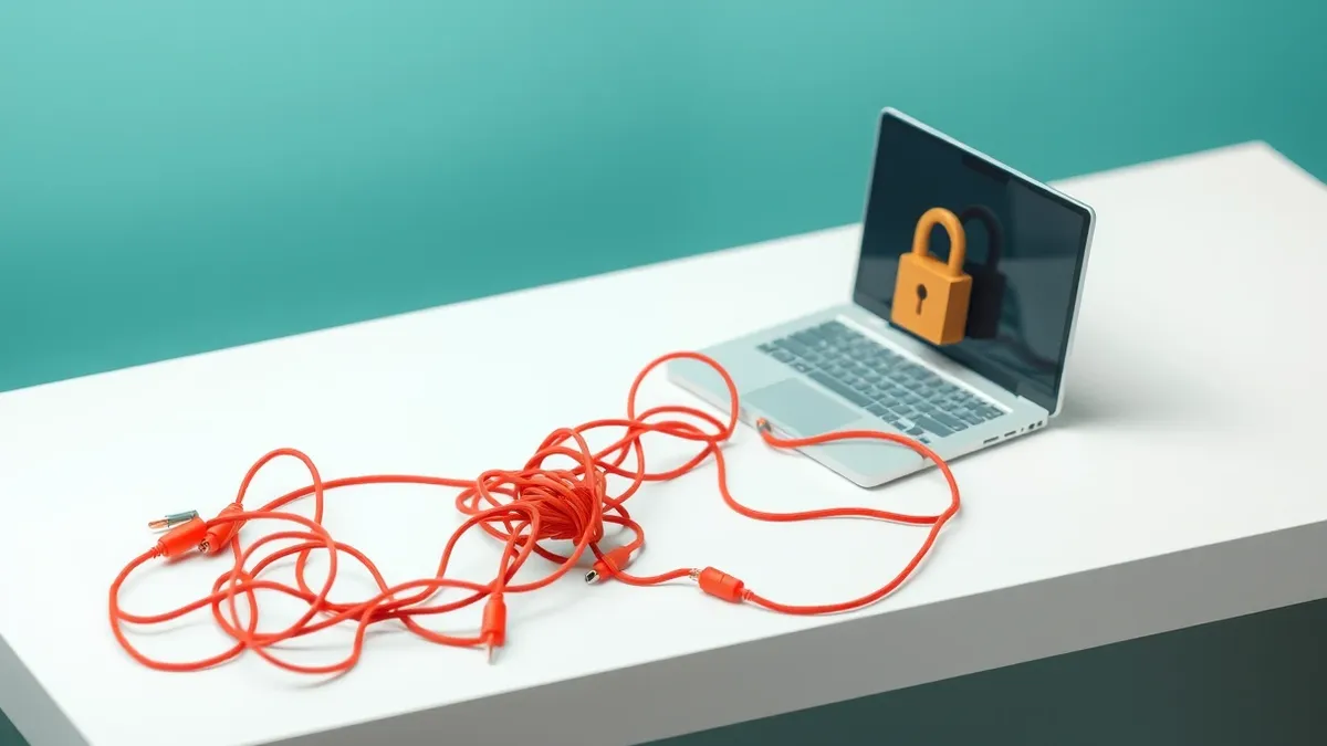 Illustration: A tangled knot of red wires lies loosely on a sterile white desk beside a sleek, unsecured laptop.