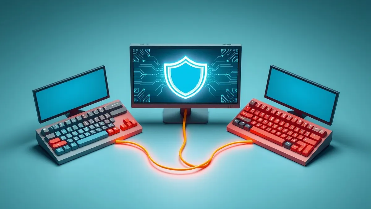 Illustration: A split workspace shows a red keyboard on one side and a blue keyboard on the other, connected by a single glowing cable that pulses with light.