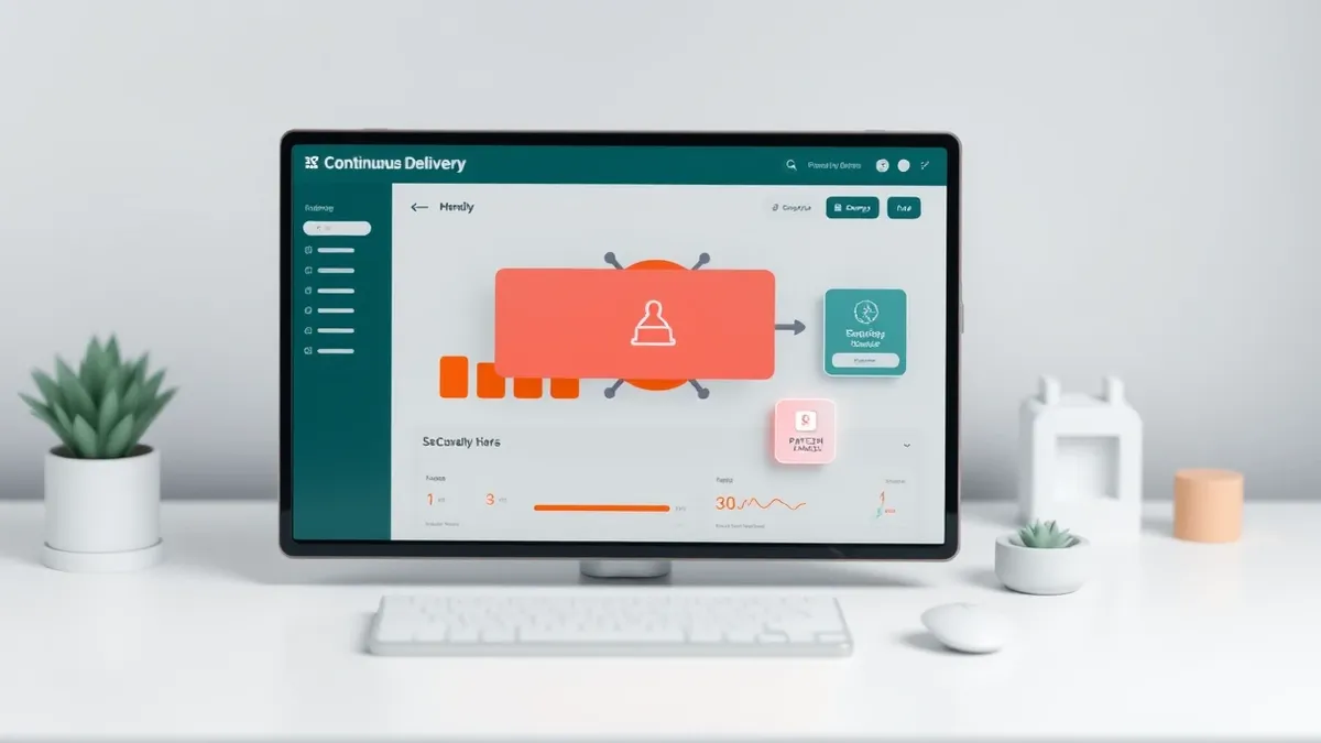 Illustration: A sleek, modern continuous delivery dashboard rests on a clean white desk, its interface displaying abstract geometric blocks and smooth connection lines.