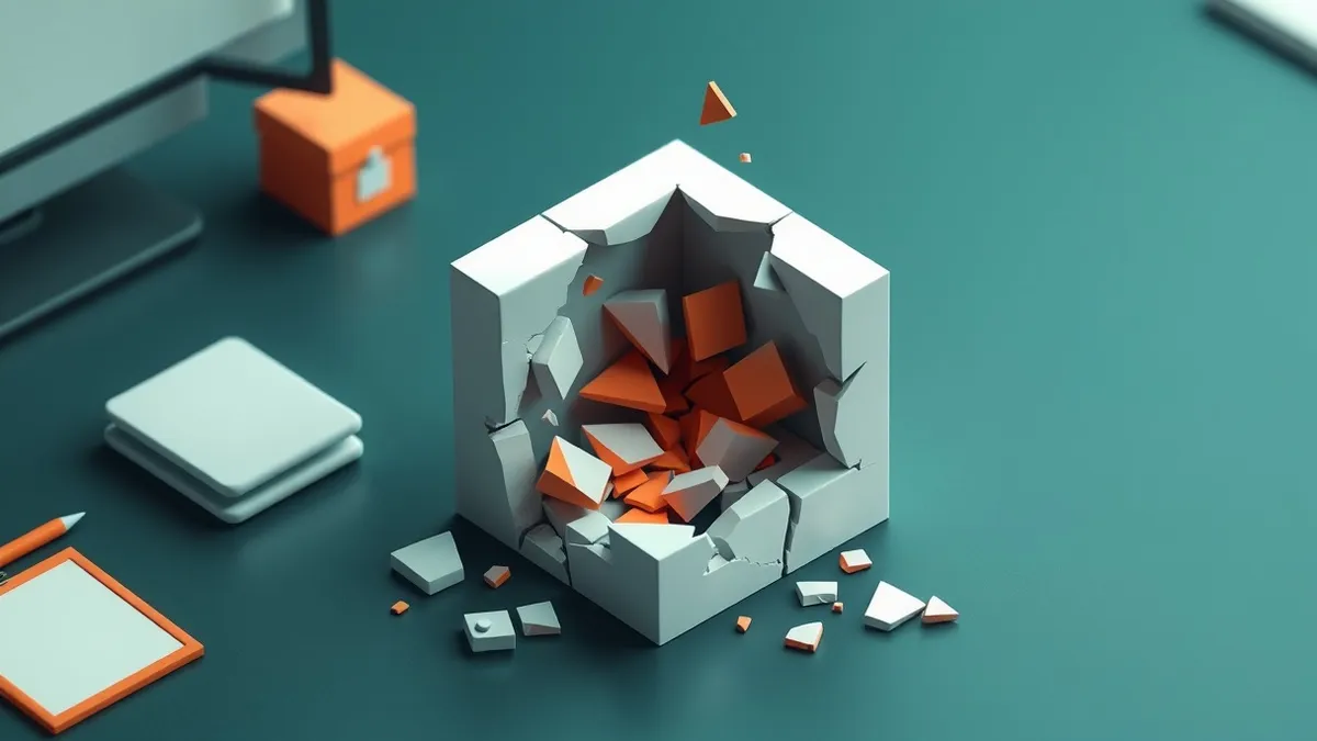Illustration: A cracked white cube sits on a dark wooden desk, revealing jagged internal shards of code-like geometry.