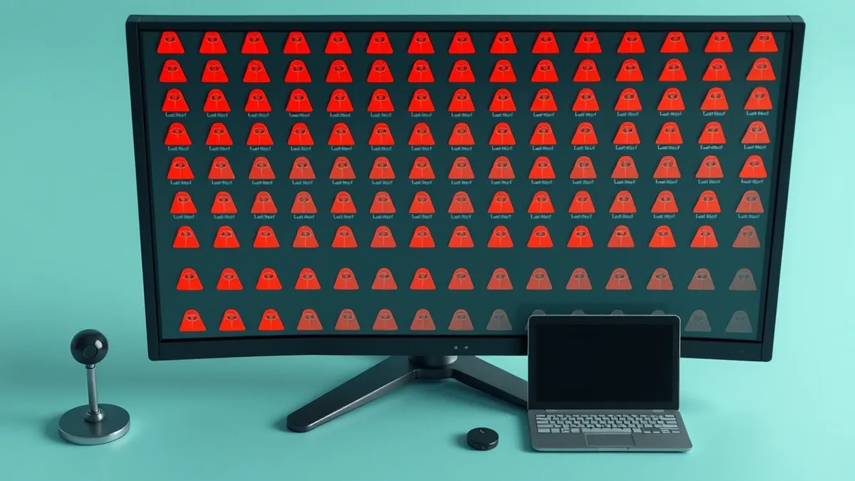 Illustration: A security monitor displays rows of uniform red alert icons that gradually fade into gray as an invisible filter sweeps across the screen.