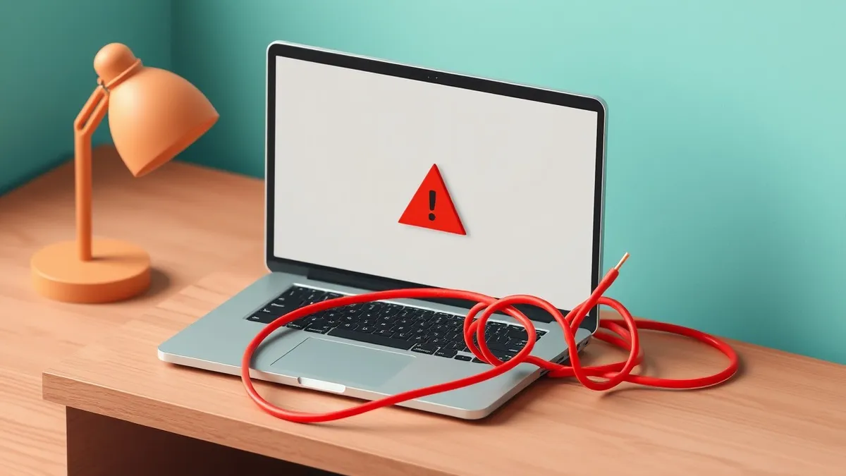 Illustration: A sleek laptop sits on a wooden desk, its screen displaying a blank content editing interface with a prominent red warning triangle in the center.