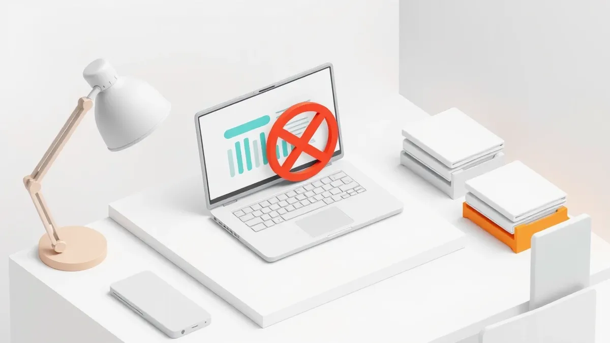 Illustration: A clean white desk holds a sleek laptop displaying a generic software interface with abstract progress bars.