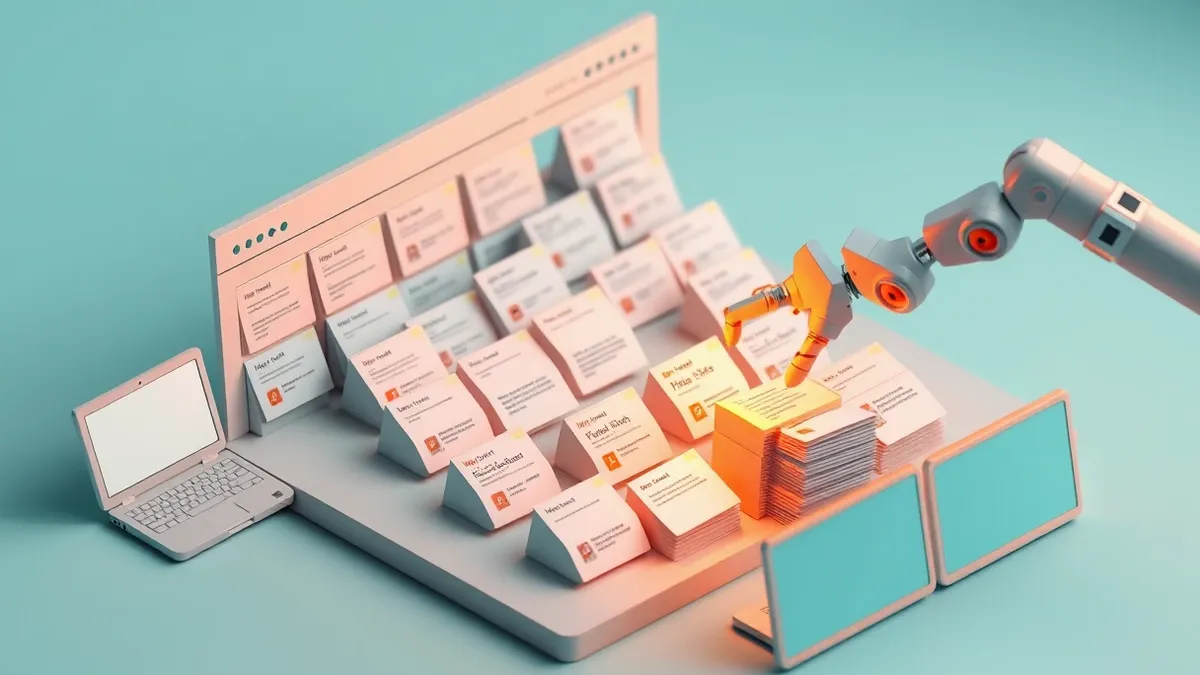 Illustration: A cloud security dashboard displays a grid of blank alert cards being sorted by a glowing robotic arm.