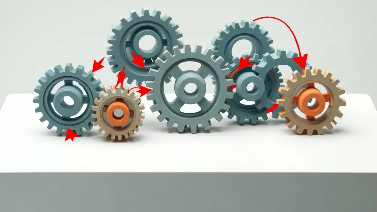 Illustration: A large, complex mechanical gear system sits on a clean white surface, with individual teeth constantly rotating and interlocking in a seamless loop.