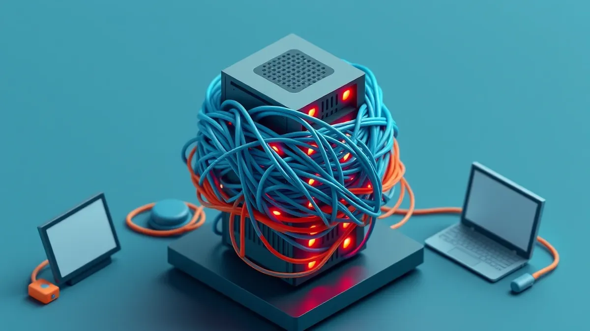 Illustration: A tangled knot of glowing blue threads wraps tightly around a sleek server node, squeezing the hardware until warning lights flash red.