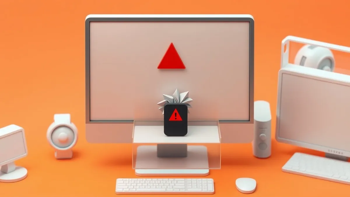 Illustration: A computer monitor displays a blank interface with a single red alert triangle.