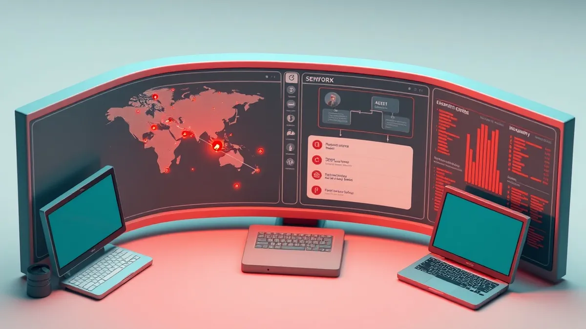 Illustration: A sleek security console displays a network map with scattered nodes glowing in amber and red.