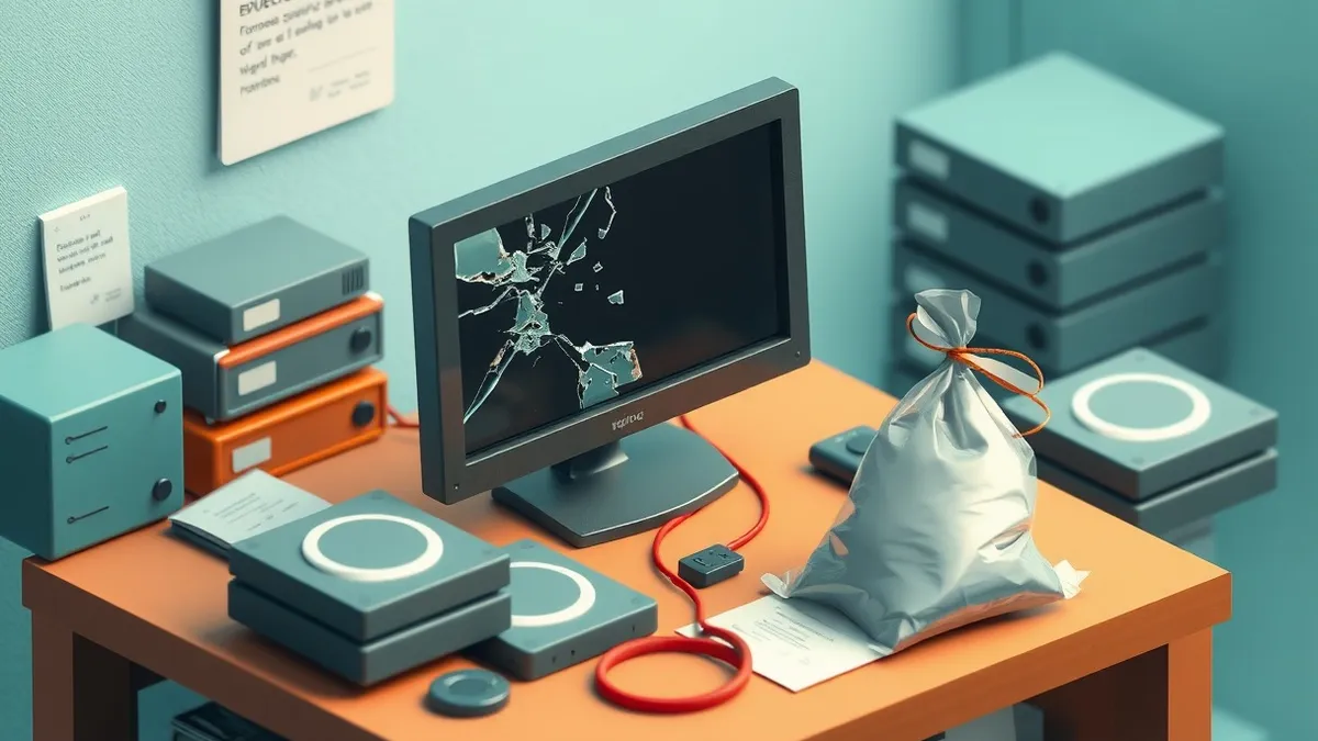 Illustration: A shattered glass monitor sits on a cluttered desk beside a stack of unmarked hard drives.