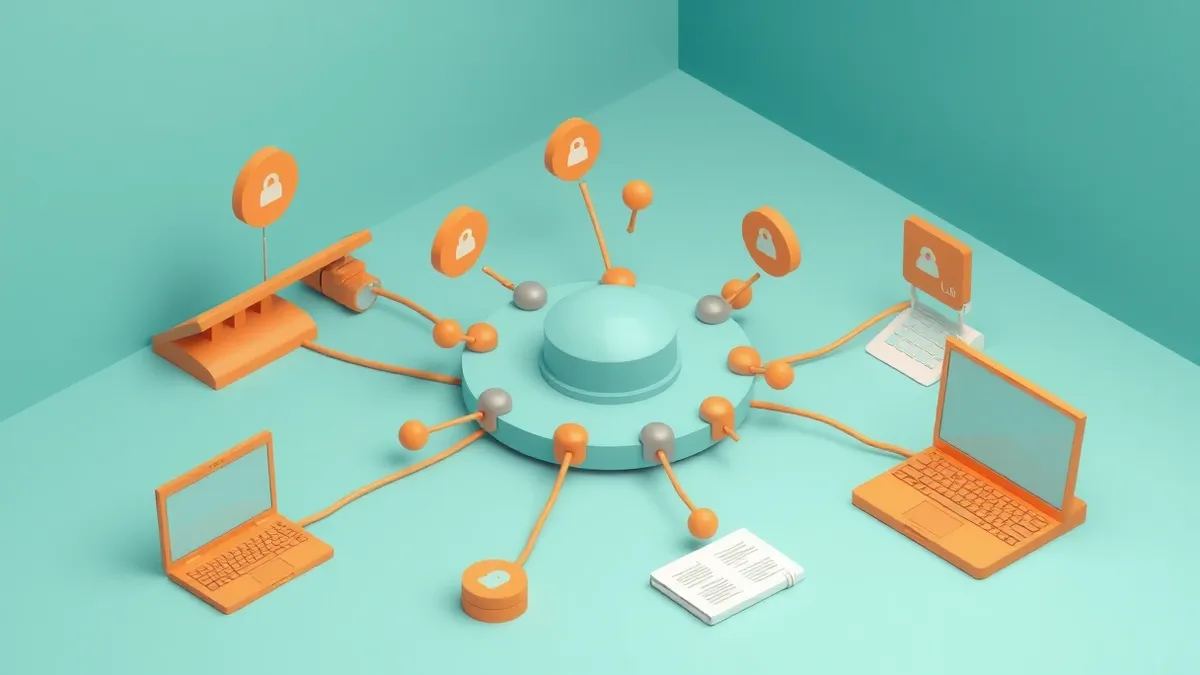 Illustration: A central hub connects various security tools through flowing data lines.
