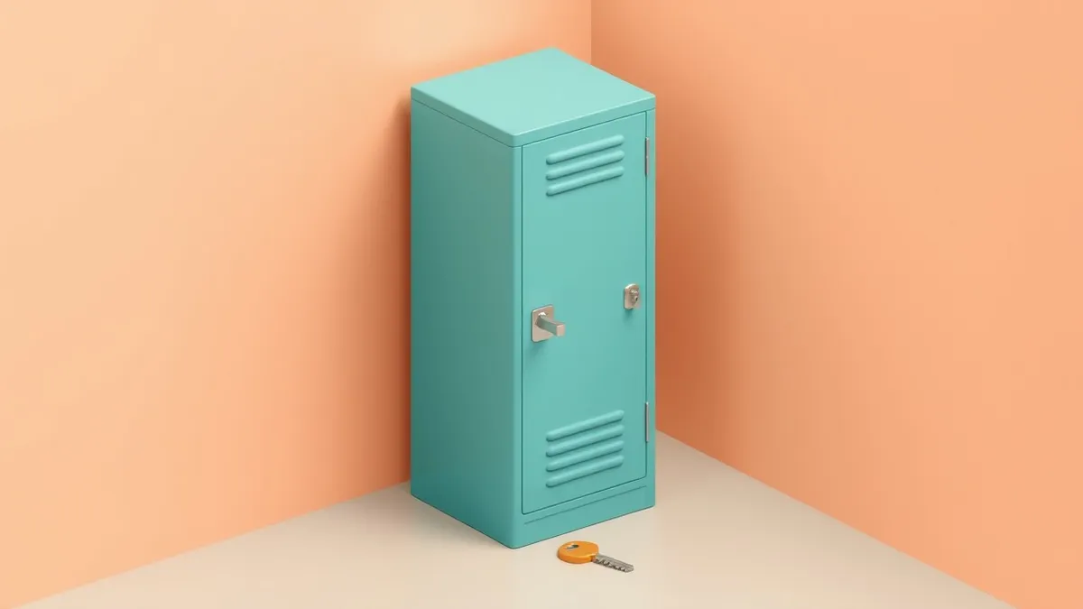Illustration: A closed office locker sits against a plain wall, its handle turned firmly to the locked position.