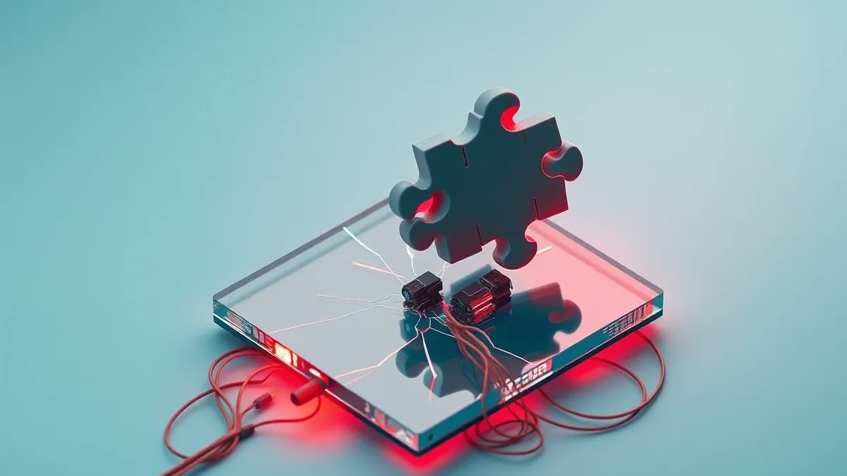 Illustration: A fragmented digital puzzle piece hovers above a cracked glass surface, its jagged edges reflecting red warning lights.