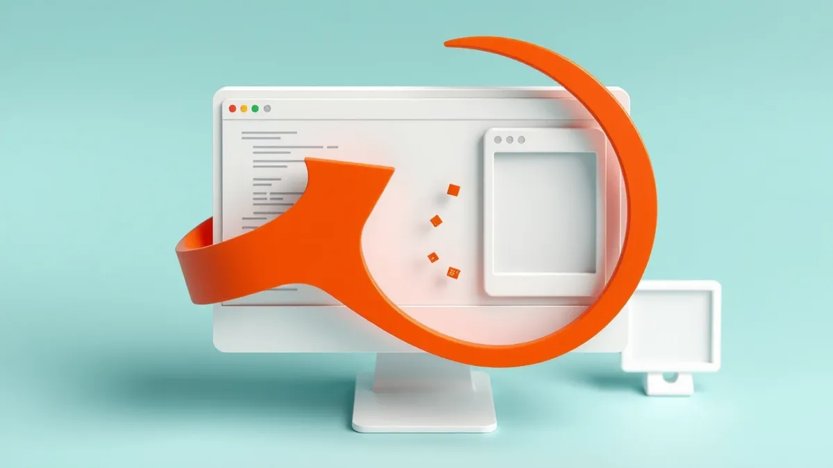 Illustration: A white computer screen displays blank code lines and a red arrow looping between two empty browser window frames.