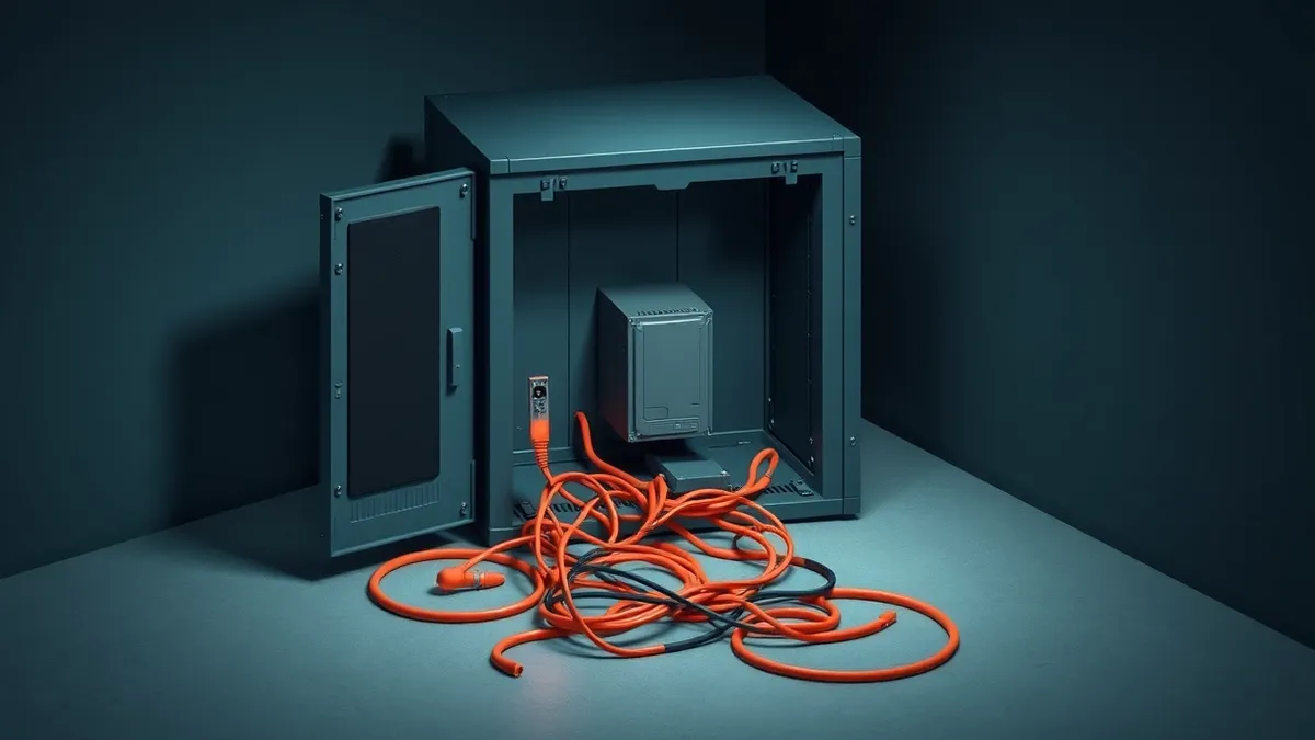 Illustration: A sleek metal server rack sits in a dim room, its front access panel swung wide open.