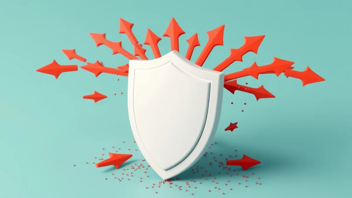 Illustration: A sleek white shield stands firm against a barrage of jagged red arrows.
