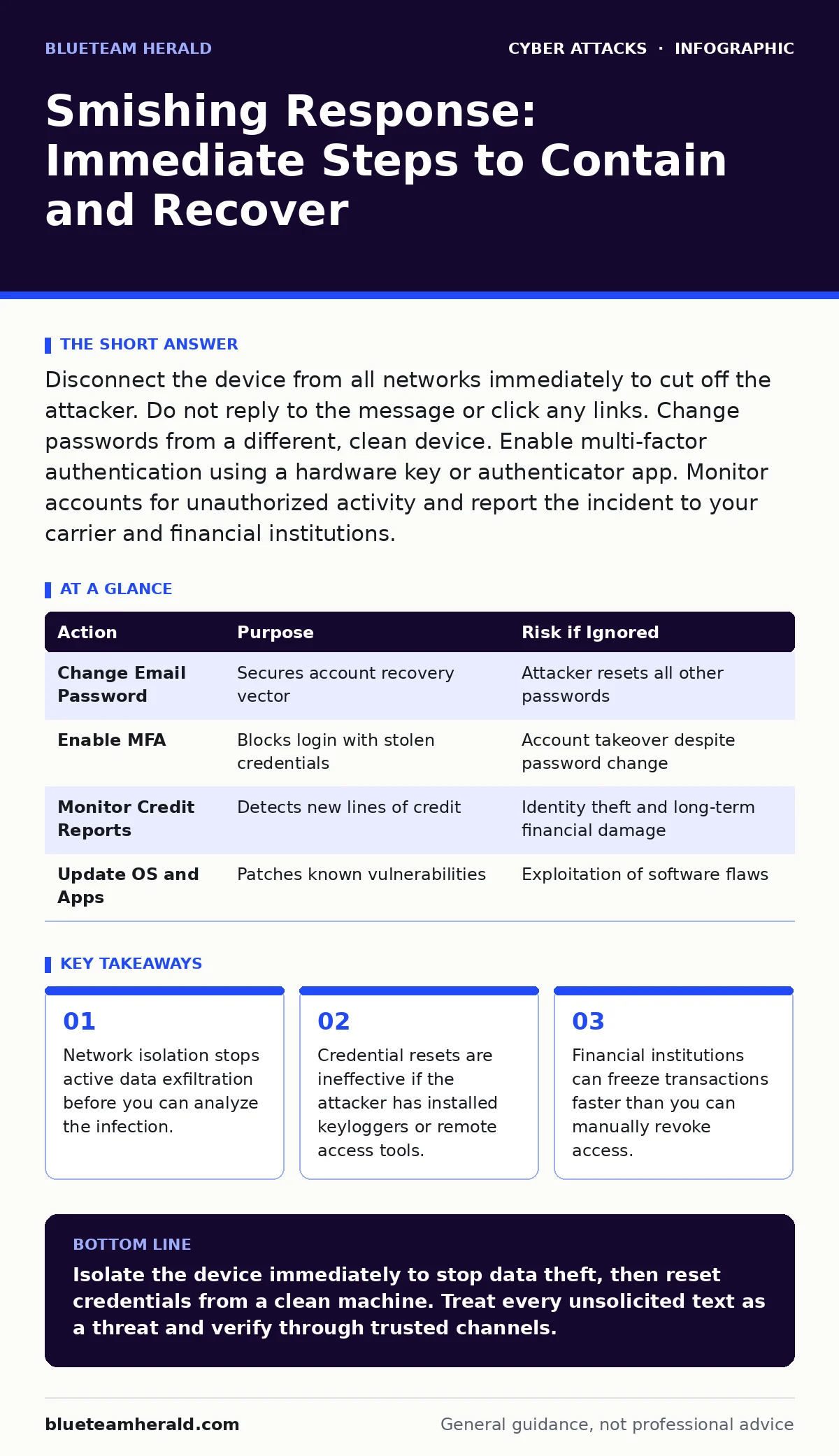 Infographic: Smishing Response: Immediate Steps to Contain and Recover. Network isolation stops active data exfiltration before you can analyze the infection. Credential resets are ineffective if the attacker has installed keyloggers or remote access tools. Financial institutions can freeze transact