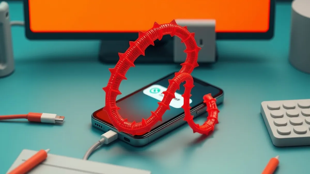 Illustration: A smartphone rests on a desk, its screen glowing with a malicious notification bubble.