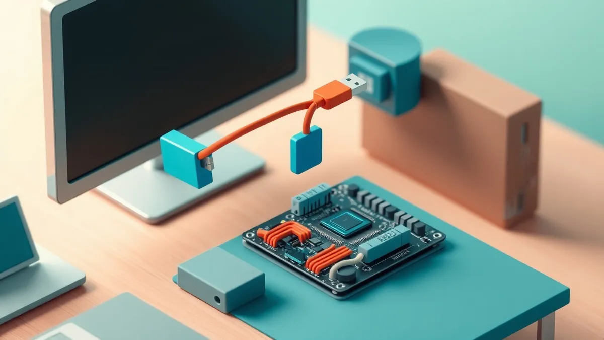 Illustration: A sleek desktop computer sits on a clean wooden desk with its chassis open to reveal the internal motherboard.
