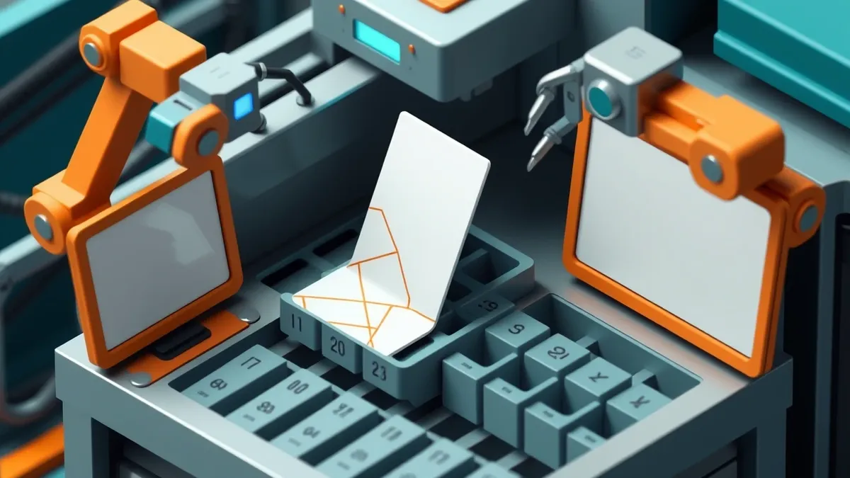 Illustration: A clean white card with abstract geometric patterns slides smoothly into a slot on a metallic sorting machine.