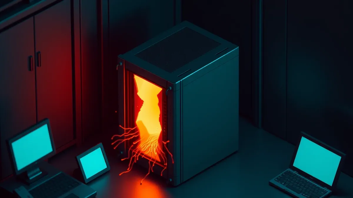 Illustration: A darkened server room with a single rack-mounted unit humming quietly.