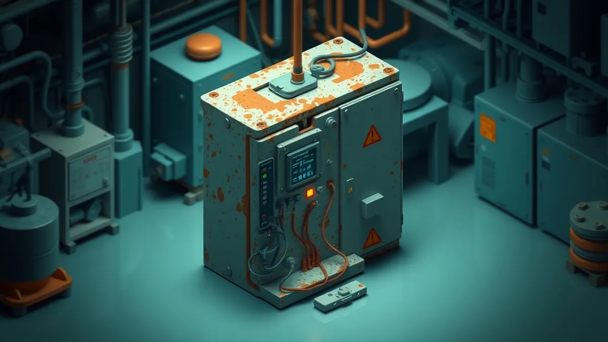 Illustration: A rusted industrial control panel with exposed wiring sits in a dimly lit factory floor.
