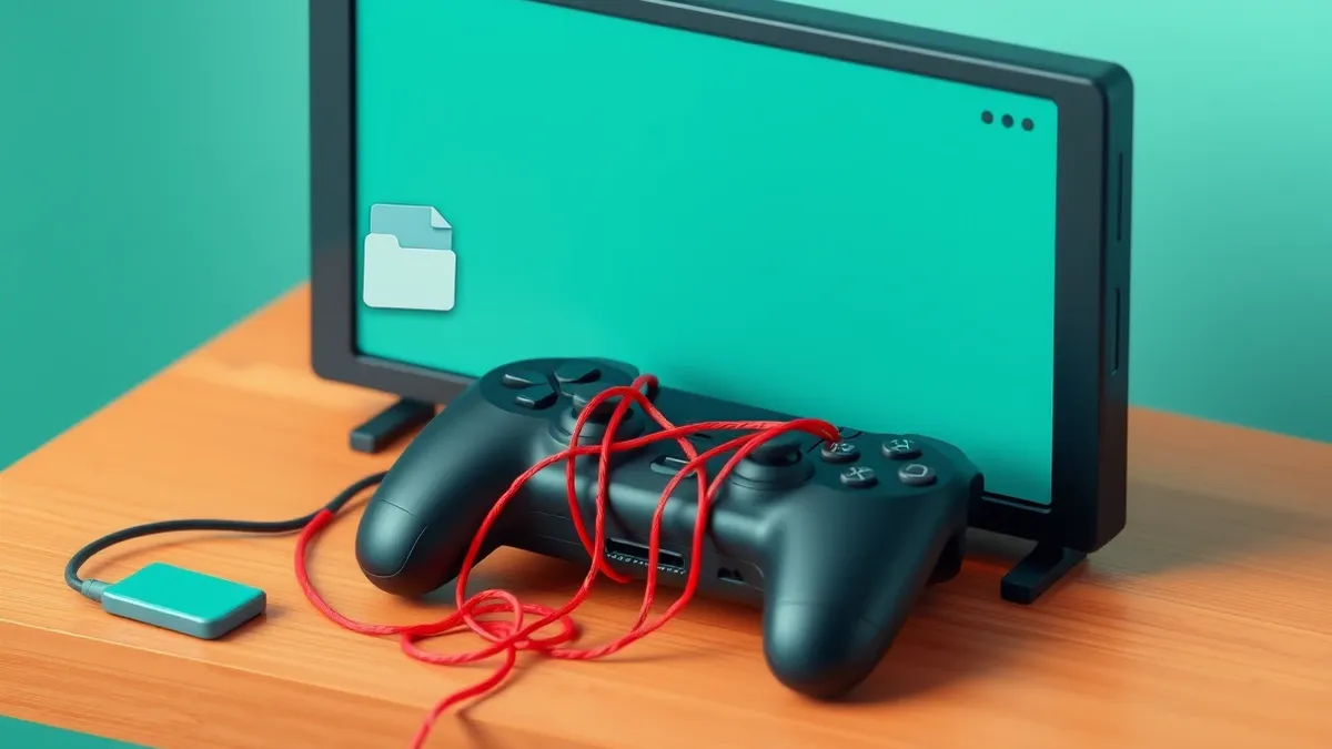 Illustration: A sleek black game console sits on a wooden table, connected to a blank television screen.