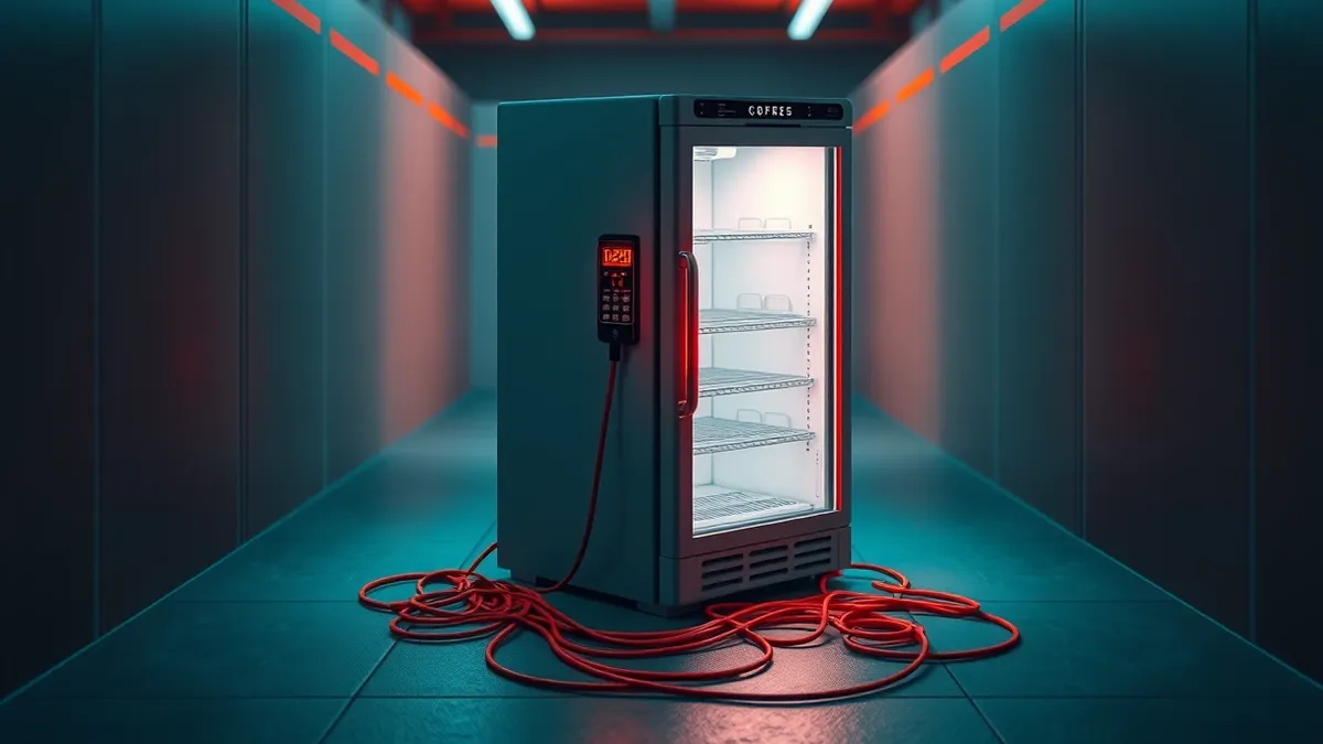 Illustration: A sleek glass-fronted commercial refrigerator stands isolated in a dimly lit storage aisle.