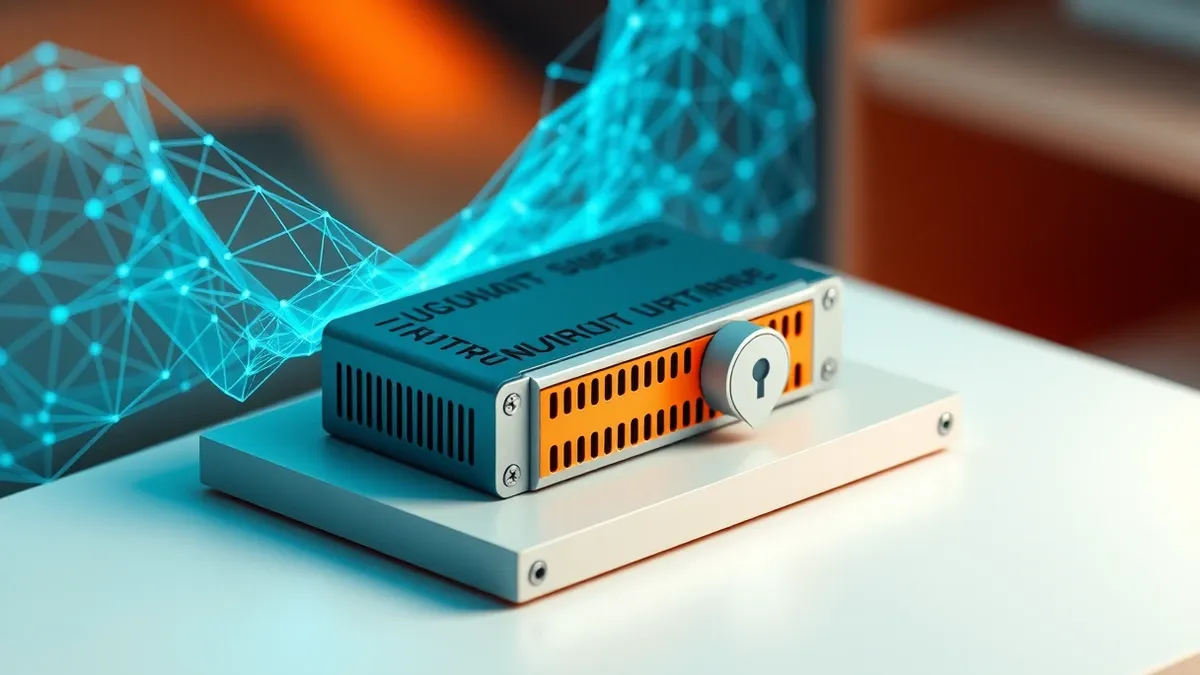 Illustration: A sleek metal hardware security module rests on a clean white desk.