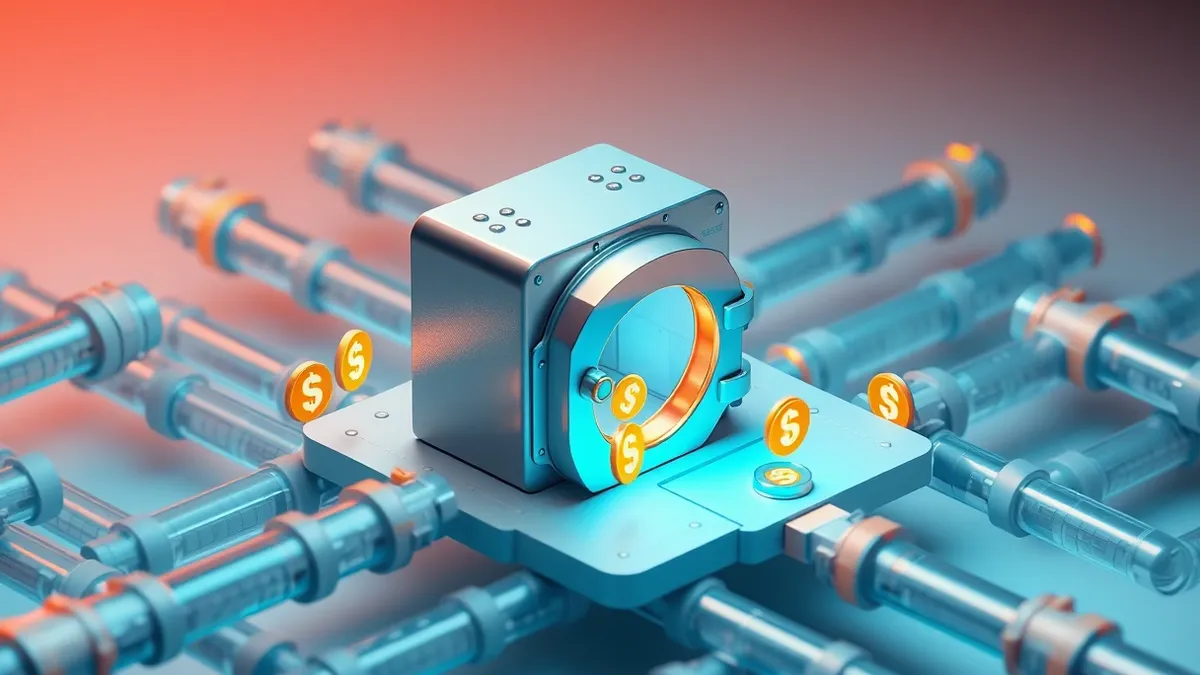 Illustration: A sleek metallic vault sits embedded within a network of translucent cloud infrastructure pipes.