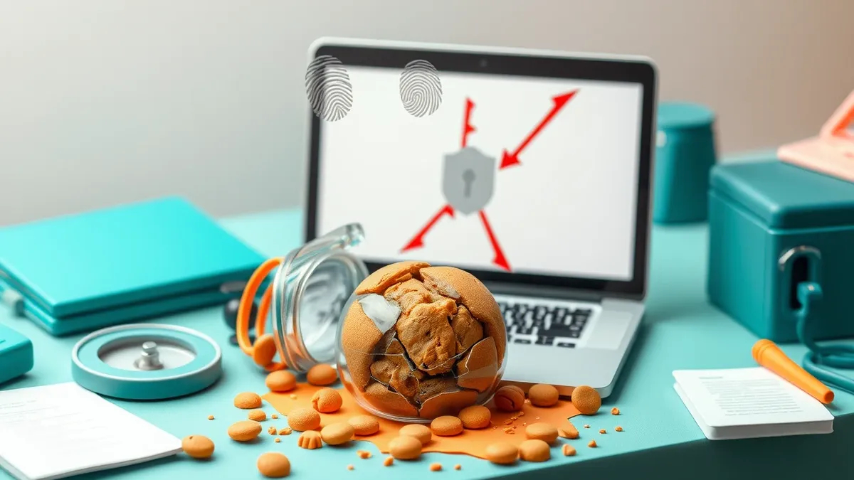 Illustration: A cracked glass cookie jar sits on a cluttered desk, its lid askew and spilled crumbs forming a trail toward an open laptop.