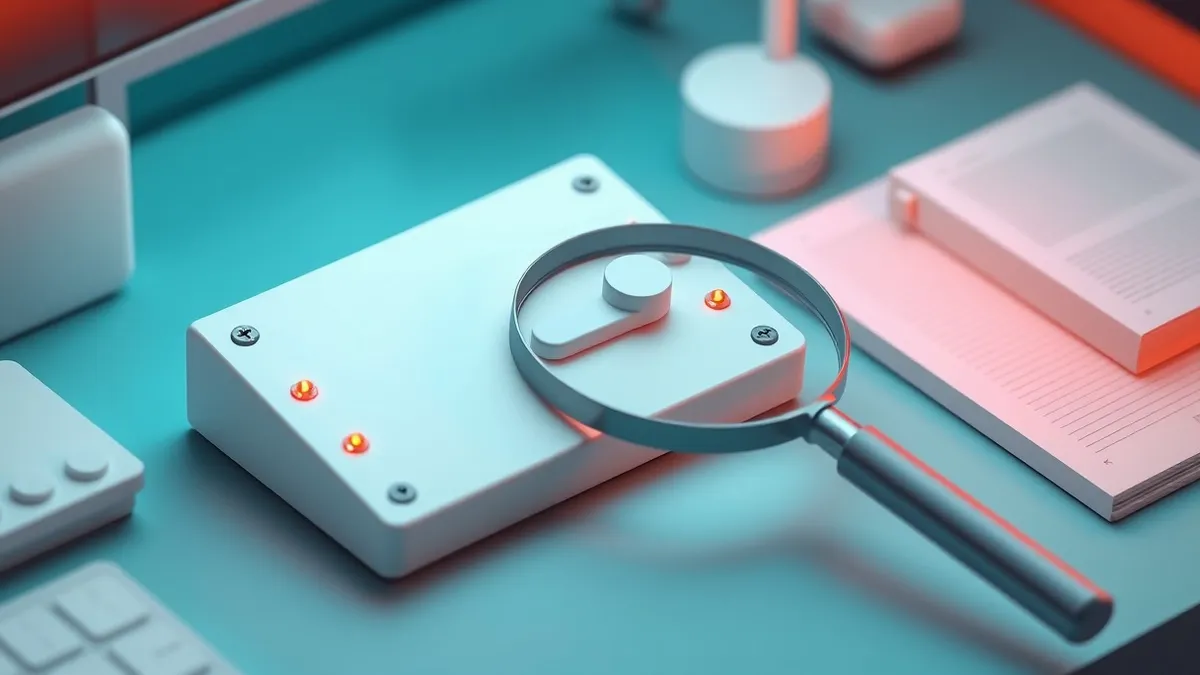 Illustration: A white configuration panel sits on a desk with several small red warning lights illuminated along its edge.