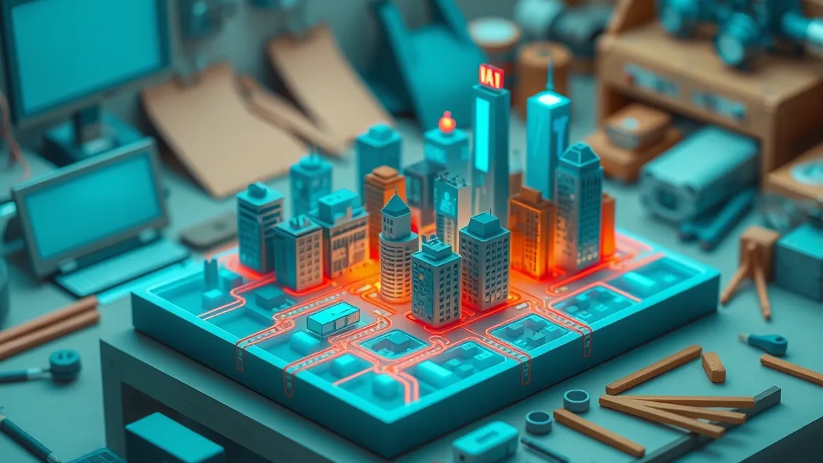 Illustration: A miniature city model sits on a workbench, its tiny digital towers glowing with soft blue lights.