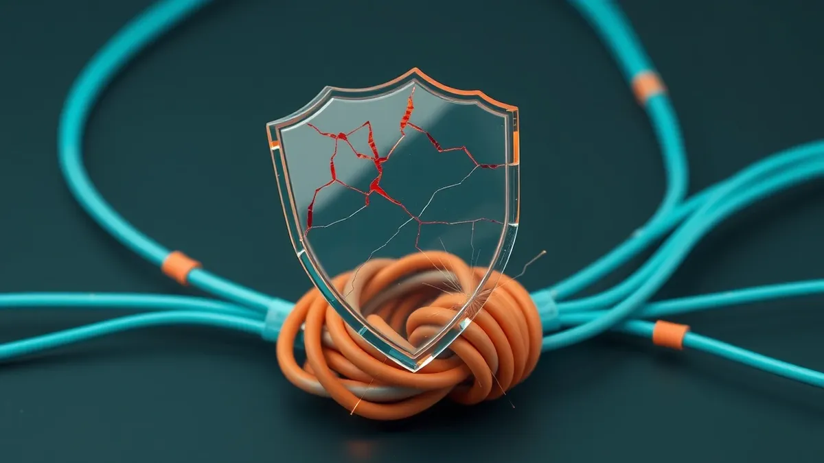 Illustration: A translucent, cracked glass shield hovers over a tangled knot of glowing fiber optic cables.