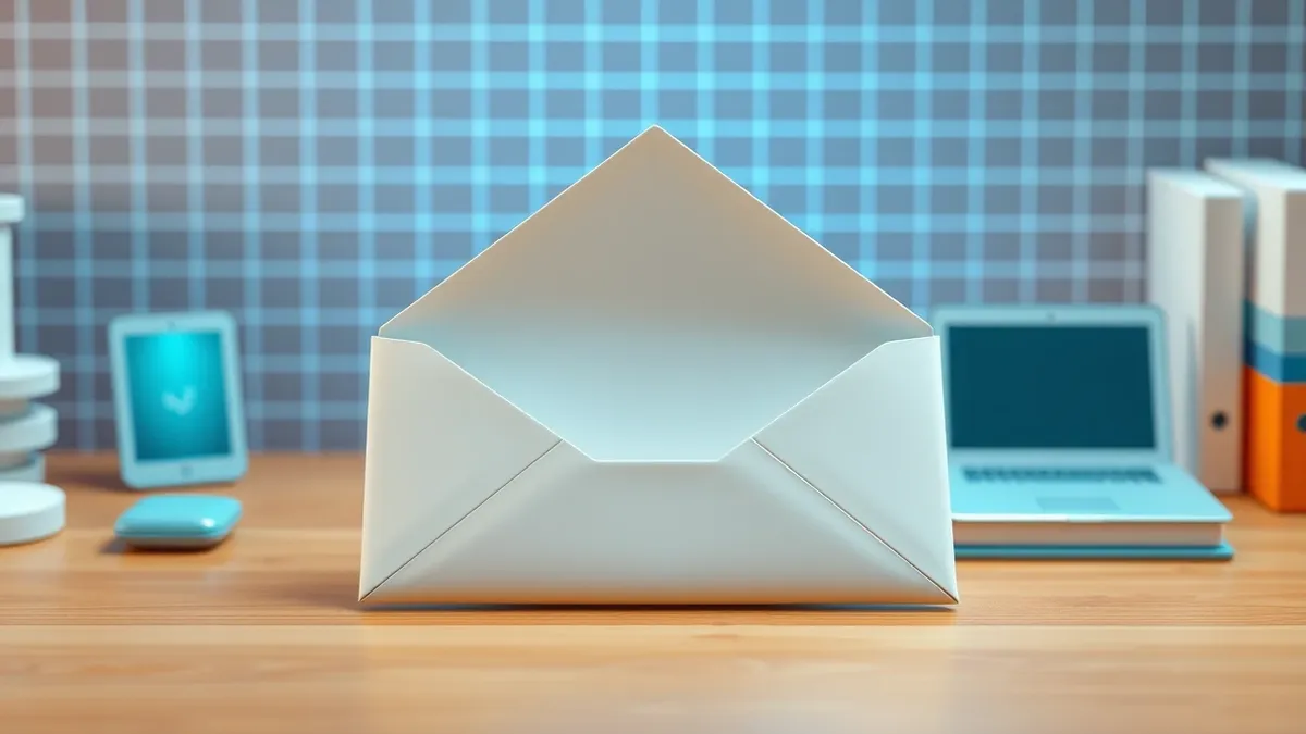 Illustration: A sleek white envelope sits open on a wooden desk, its interior empty and blank.