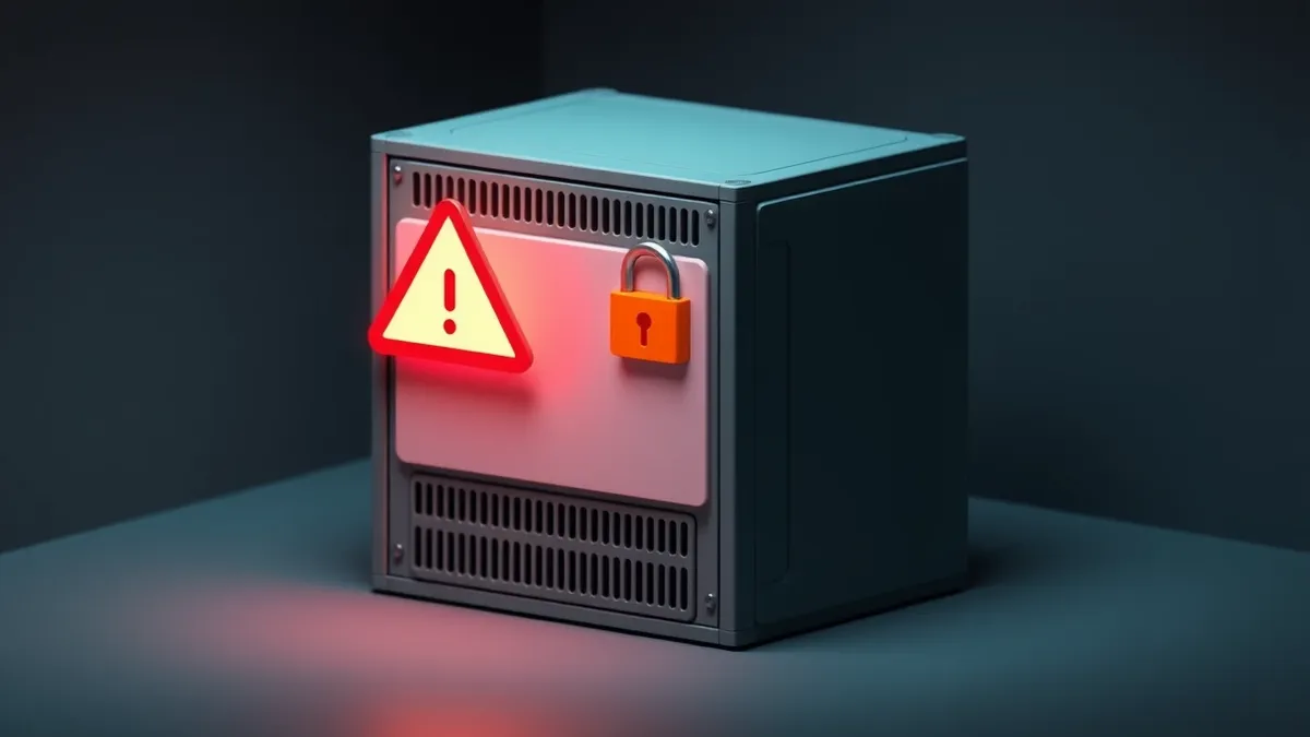 Illustration: A server rack with a blank front panel sits in a dim room.