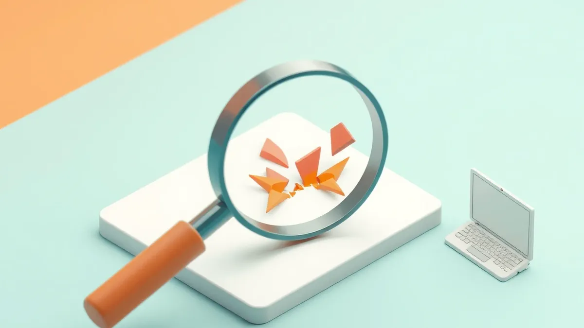 Illustration: A magnifying glass hovers over a clean, white software interface, revealing a tiny, jagged crack in the smooth surface.
