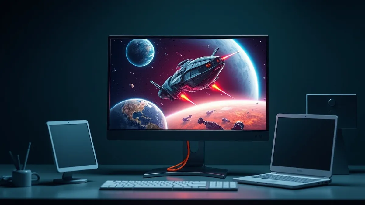 Illustration: A sleek desktop monitor displays a vibrant space combat scene with a massive starship.