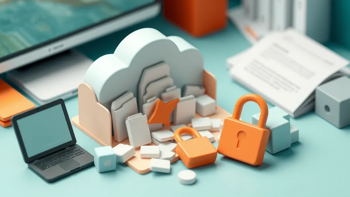 Illustration: An open cloud storage folder sits on a digital desk, spilling out blank document icons and empty database cubes.