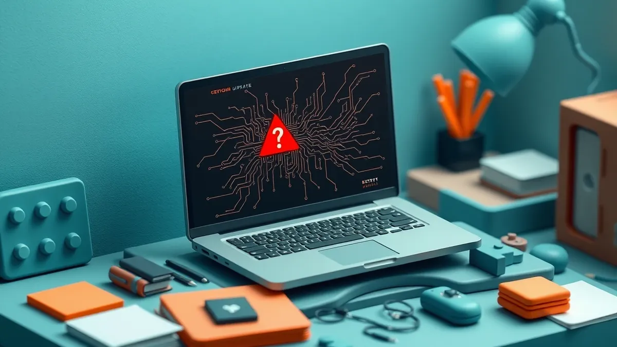 Illustration: A sleek laptop sits on a cluttered desk, its screen displaying a dark, abstract debugging interface with tangled lines of light.