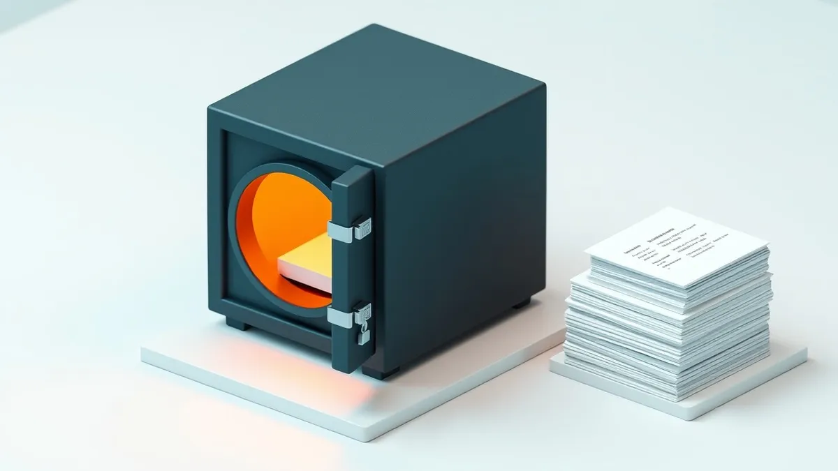 Illustration: A sleek black vault stands firmly on a clean white desk, its heavy door slightly ajar to reveal glowing amber light spilling onto the surface.