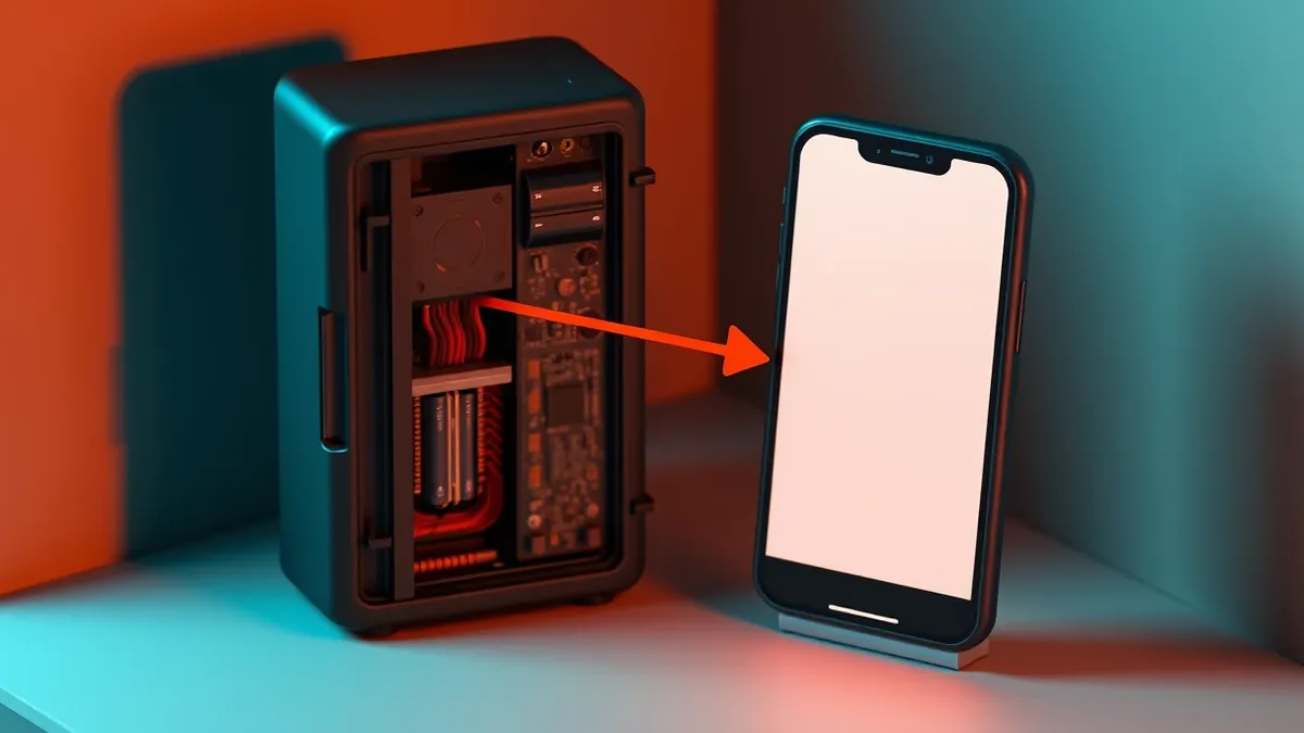 Illustration: A sleek black server tower sits in a dim room with its side panel removed to reveal circuit boards.