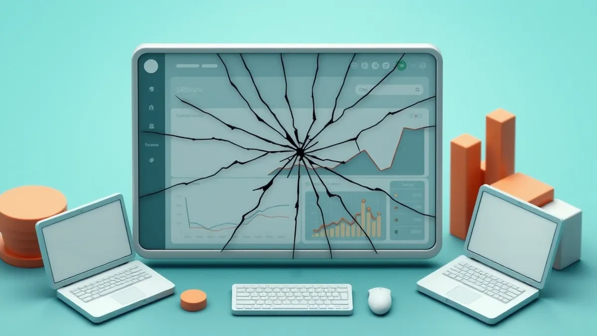 Illustration: A sleek data dashboard interface displays a blank report grid with subtle cracks forming across the glass surface.
