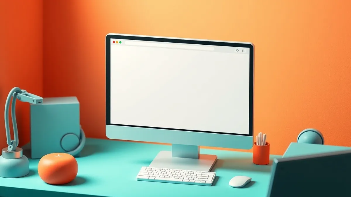 Illustration: A sleek desktop monitor sits on a clean desk, its screen displaying a single, large browser window with a blank white interior.